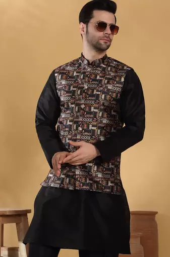 Silk bleand black kurta churidar with abstract printed black nehru jacket