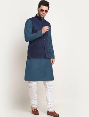 Cotton denim blue kurta and pyjama with nehru jacket 1