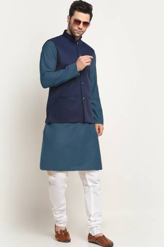Cotton denim blue kurta and pyjama with nehru jacket