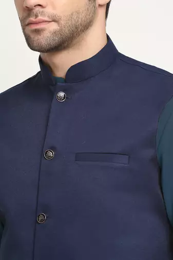 Cotton denim blue kurta and pyjama with nehru jacket