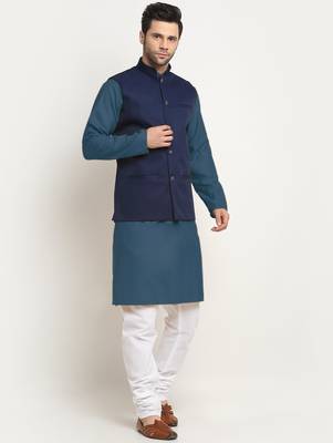 Cotton denim blue kurta and pyjama with nehru jacket 4