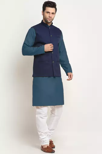 Cotton denim blue kurta and pyjama with nehru jacket
