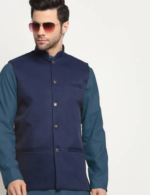 Cotton denim blue kurta and pyjama with nehru jacket 5
