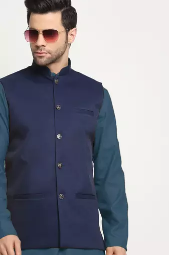 Cotton denim blue kurta and pyjama with nehru jacket
