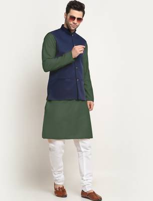 Cotton olive green kurta and pyjama with blue nehru jacket 1