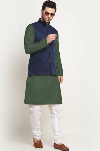 Cotton olive green kurta and pyjama with blue nehru jacket