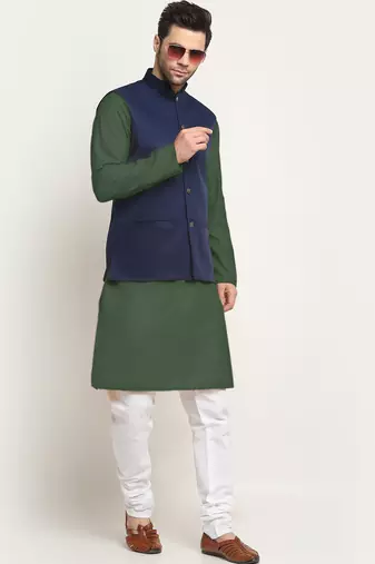 Cotton olive green kurta and pyjama with blue nehru jacket