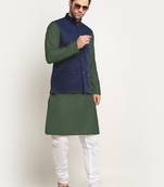 Cotton olive green kurta and pyjama with blue nehru jacket