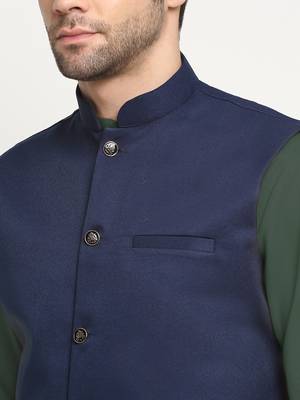 Cotton olive green kurta and pyjama with blue nehru jacket 2