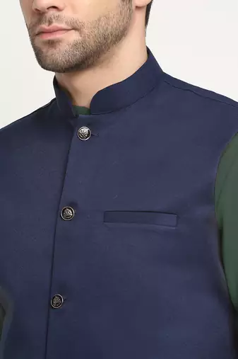 Cotton olive green kurta and pyjama with blue nehru jacket