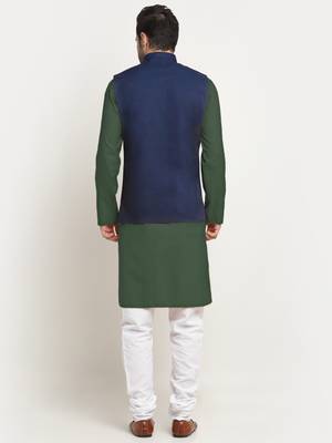 Cotton olive green kurta and pyjama with blue nehru jacket 3