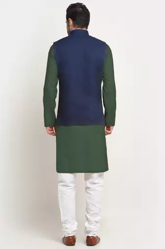 Cotton olive green kurta and pyjama with blue nehru jacket