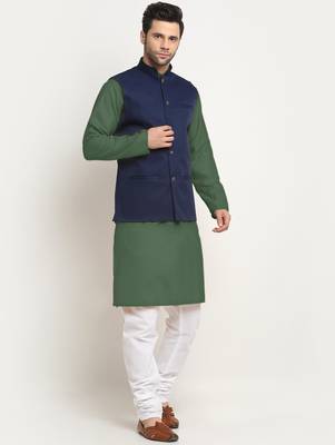 Cotton olive green kurta and pyjama with blue nehru jacket 4
