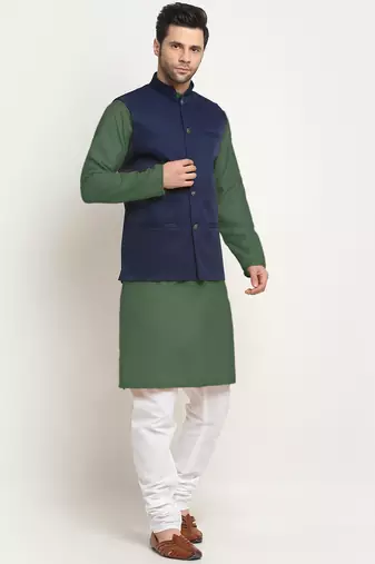 Cotton olive green kurta and pyjama with blue nehru jacket