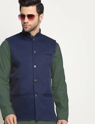 Cotton olive green kurta and pyjama with blue nehru jacket 5