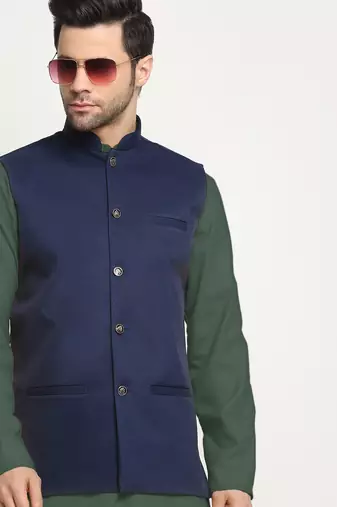 Cotton olive green kurta and pyjama with blue nehru jacket
