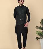Men silk blend black kurta and churidar with embroidered green nehru jacket