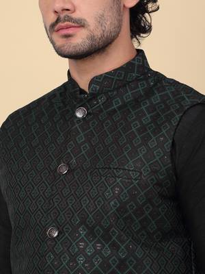 Men silk blend black kurta and churidar with embroidered green nehru jacket 2