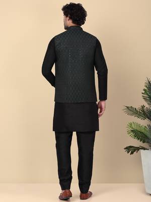 Men silk blend black kurta and churidar with embroidered green nehru jacket 3