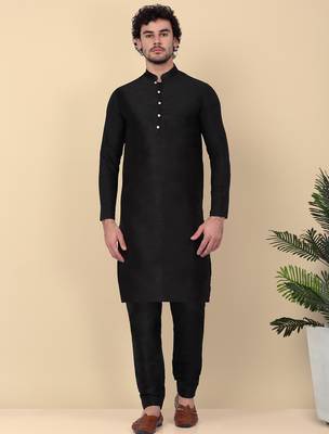 Men silk blend black kurta and churidar with embroidered green nehru jacket 5