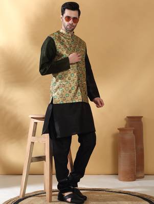 Silk bleand black kurta churidar with abstract printed green nehru jacket 1