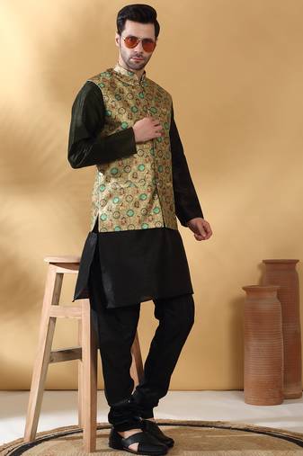 Silk bleand black kurta churidar with abstract printed green nehru jacket