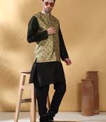 Silk bleand black kurta churidar with abstract printed green nehru jacket
