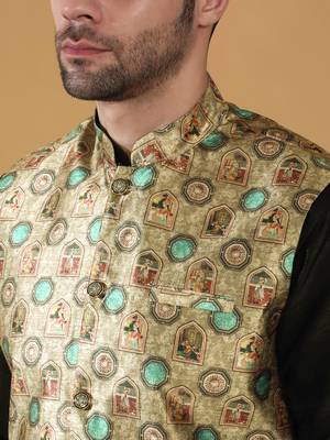 Silk bleand black kurta churidar with abstract printed green nehru jacket 2