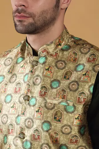 Silk bleand black kurta churidar with abstract printed green nehru jacket