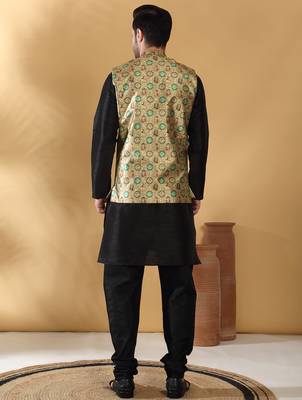 Silk bleand black kurta churidar with abstract printed green nehru jacket 3