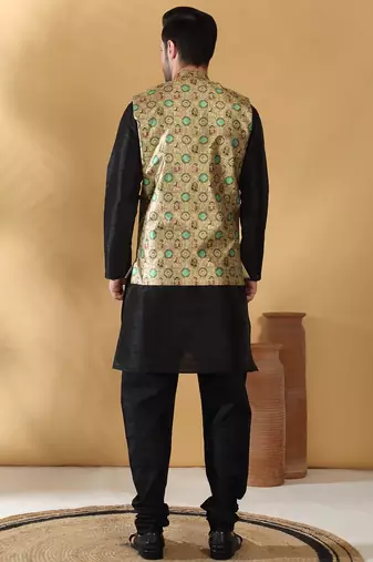 Silk bleand black kurta churidar with abstract printed green nehru jacket