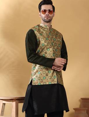 Silk bleand black kurta churidar with abstract printed green nehru jacket 4