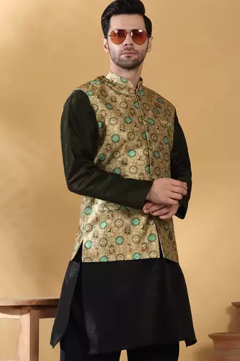 Silk bleand black kurta churidar with abstract printed green nehru jacket
