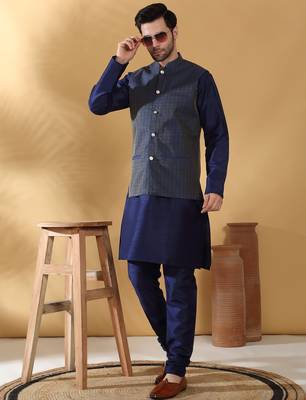 Silk blend navy blue kurta and churidar with jacquard geometric blue nehru jacket 1