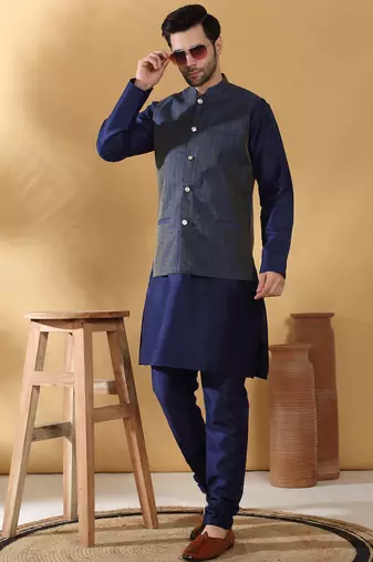 Silk blend navy blue kurta and churidar with jacquard geometric blue nehru jacket