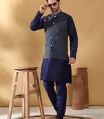 Silk blend navy blue kurta and churidar with jacquard geometric blue nehru jacket