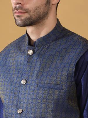 Silk blend navy blue kurta and churidar with jacquard geometric blue nehru jacket 2