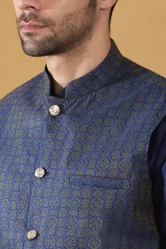 Silk blend navy blue kurta and churidar with jacquard geometric blue nehru jacket