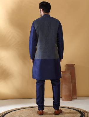 Silk blend navy blue kurta and churidar with jacquard geometric blue nehru jacket 3
