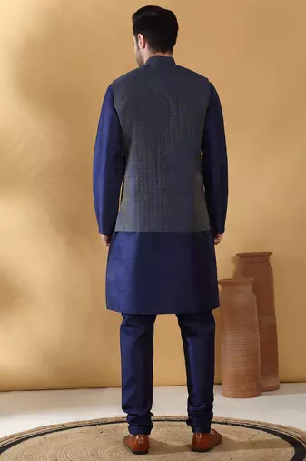 Silk blend navy blue kurta and churidar with jacquard geometric blue nehru jacket