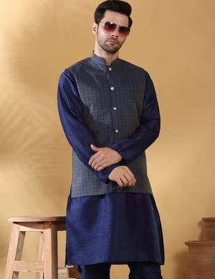 Silk blend navy blue kurta and churidar with jacquard geometric blue nehru jacket 4