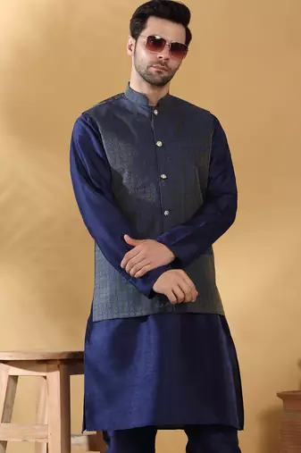 Silk blend navy blue kurta and churidar with jacquard geometric blue nehru jacket