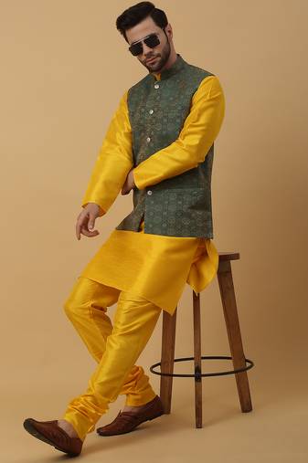 Men's yellow kurta and churidar with jacquard ethnic motifs printed nehru jacket