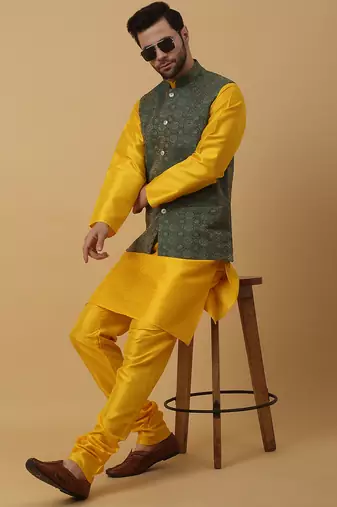 Men's yellow kurta and churidar with jacquard ethnic motifs printed nehru jacket
