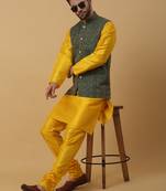 Men's yellow kurta and churidar with jacquard ethnic motifs printed nehru jacket