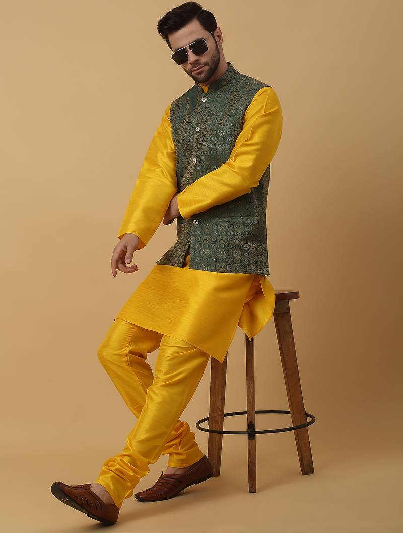 Men's yellow kurta and churidar with jacquard ethnic motifs printed nehru jacket
