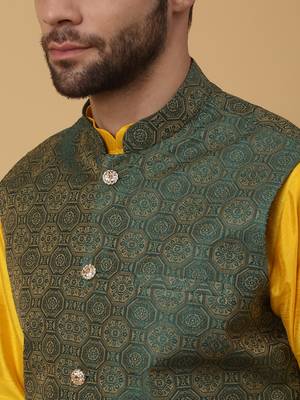 Men's yellow kurta and churidar with jacquard ethnic motifs printed nehru jacket 2