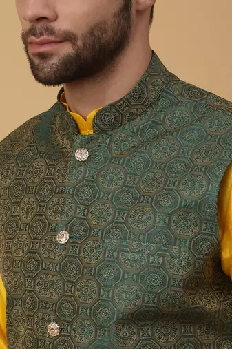 Men's yellow kurta and churidar with jacquard ethnic motifs printed nehru jacket