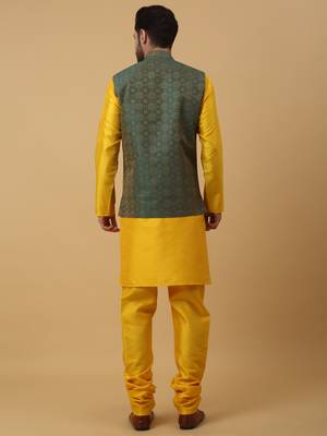 Men's yellow kurta and churidar with jacquard ethnic motifs printed nehru jacket 3