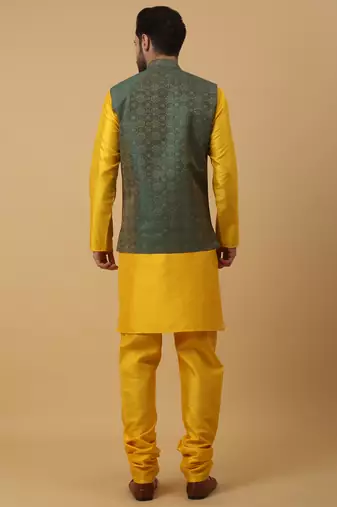 Men's yellow kurta and churidar with jacquard ethnic motifs printed nehru jacket